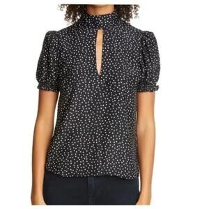 FRAME Women's Black & White Keyhole Neck Polka Dot Silk Blouse Top Petite Size S
